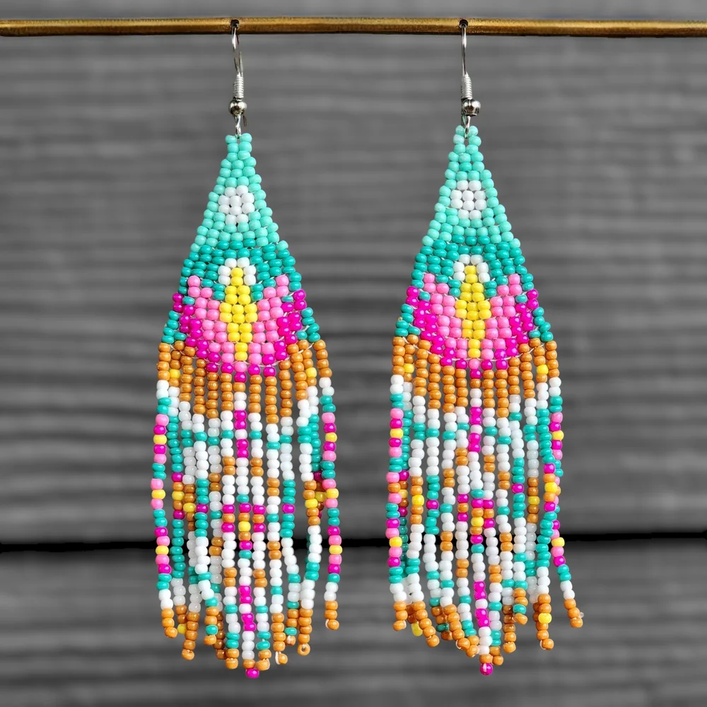 Handmade Lotus Candy Boho Fringe Beaded Earrings
